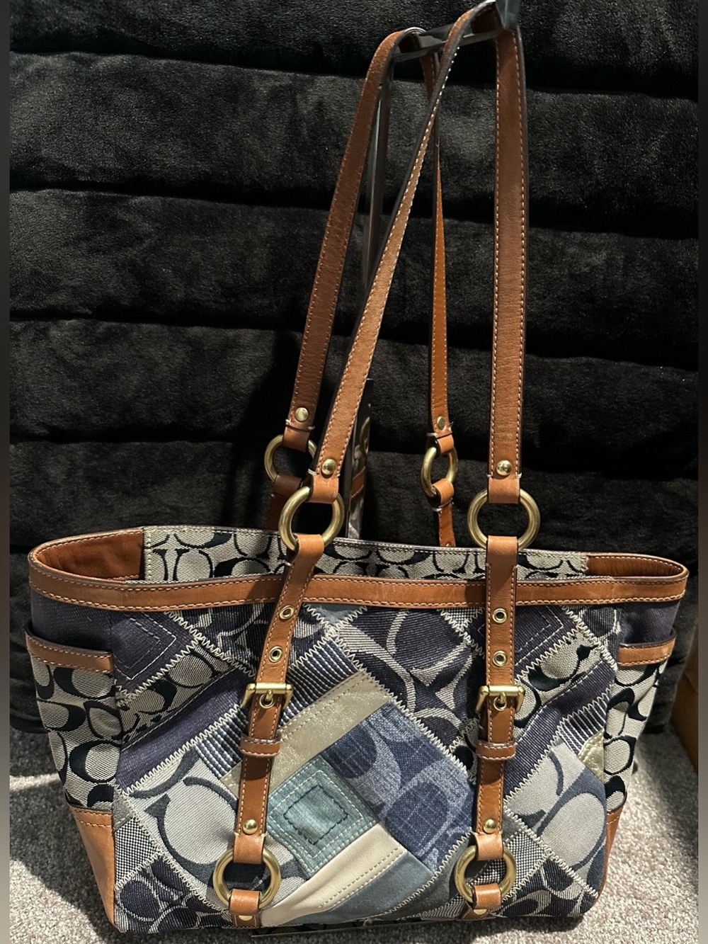 Coach Blue Denim Patchwork Signature Canvas Tote in mixed panel design.